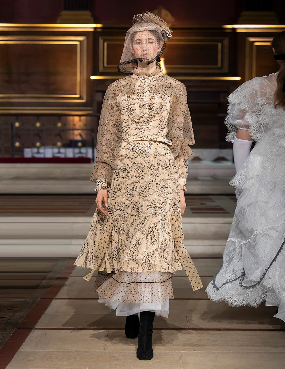 BORA AKSU Stand Collar Ruffled-Trimmed Long Sleeve Ink-Print Belted Pleated Midi Dress