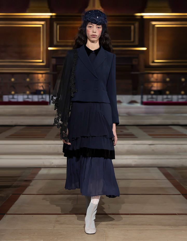 BORA AKSU Luxurious Velvet Collar Sheer Long Sleeve Multi-Layer Ruffle Midi Dress