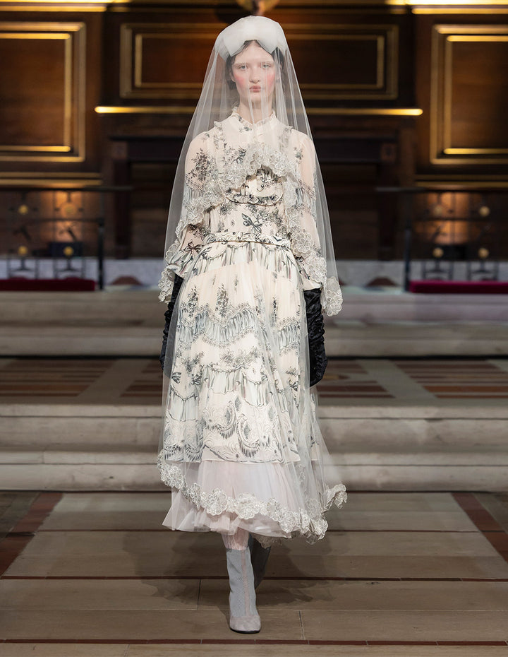 BORA AKSU Stand Collar Ruffled-Trimmed Long Sleeve Ink-Print Belted Pleated Midi Dress