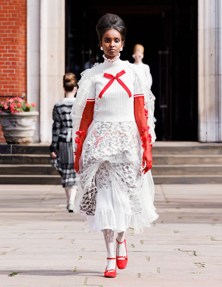 BORA AKSU Ruffled Stand-Collar Short-Sleeve Pointelle Knit Pullover With Bow Decoration