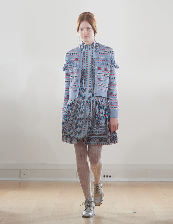 BORA AKSU Fair Isle jacquard crew neck ruffled knitted cardigan