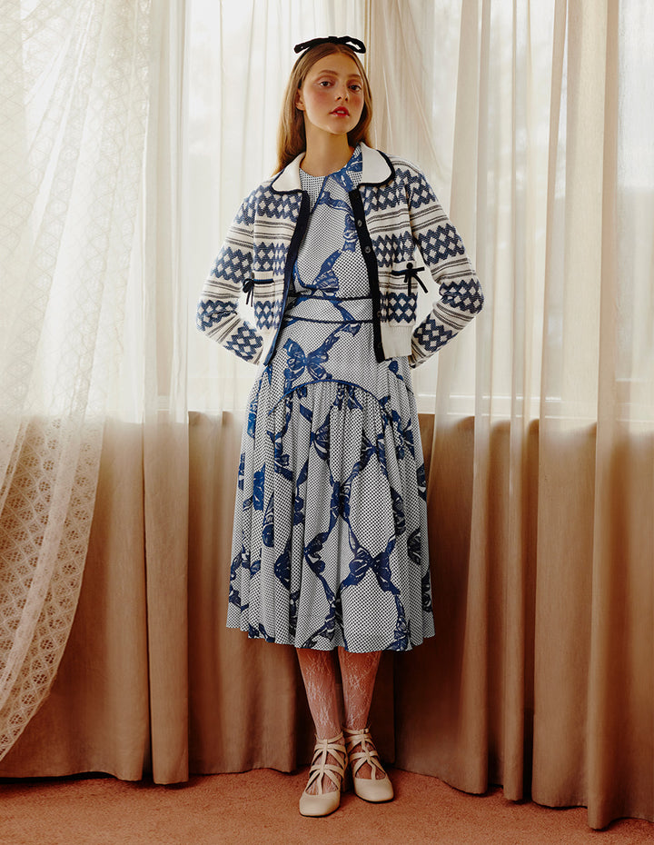 BORA AKSU French Lace-Embellished Bow Print Dress