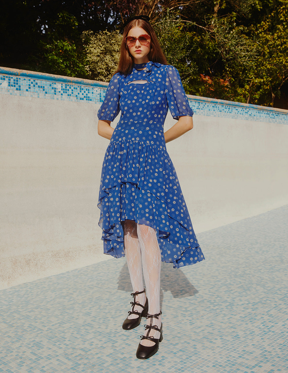 BORA AKSU French Puff Sleeve Collar Pleated Printed Dress