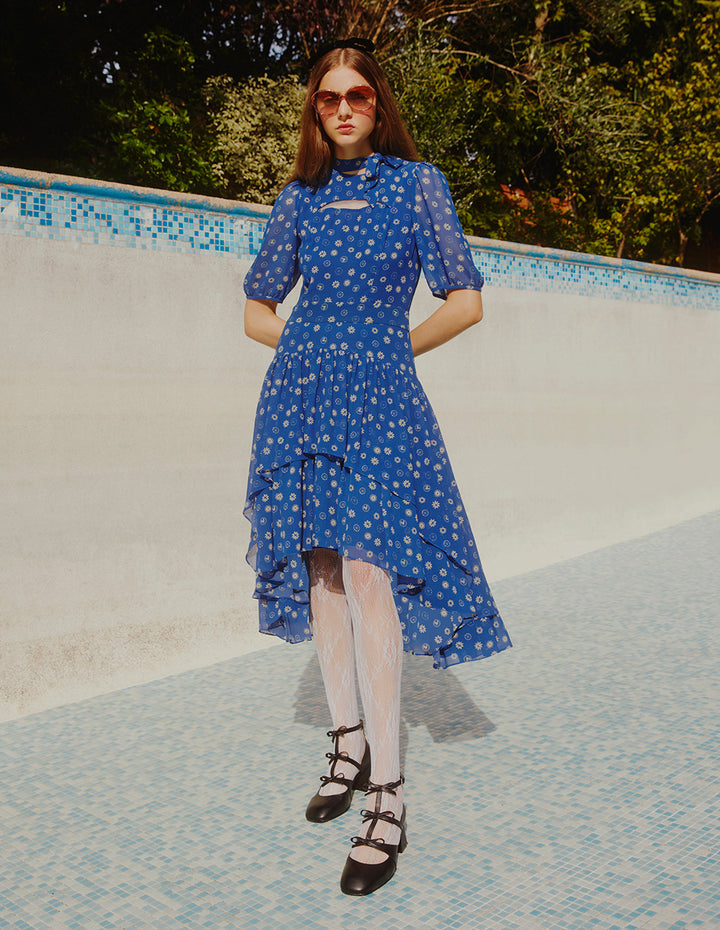 BORA AKSU French Puff Sleeve Collar Pleated Printed Dress