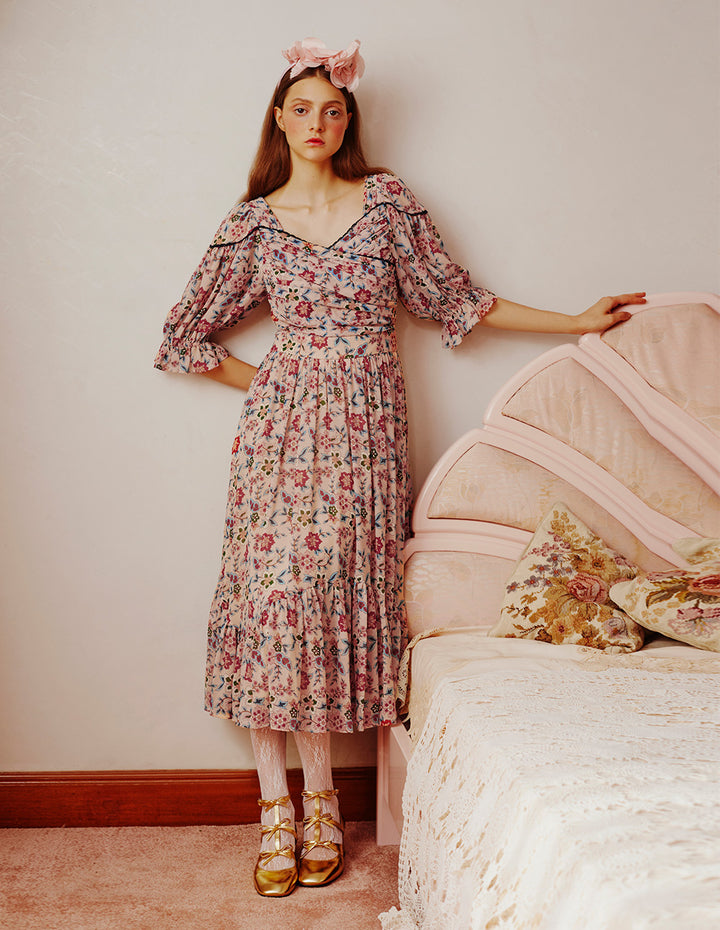 BORA AKSU French Retro Puff Sleeve Printed Dress