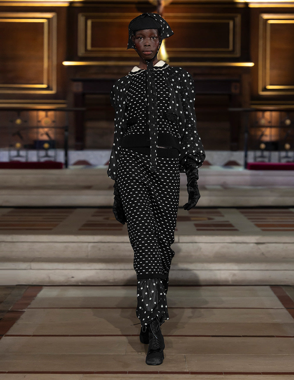 BORA AKSU Peter Pan Collar Long Sleeve White Polka Dot Wool Knit Cardigan