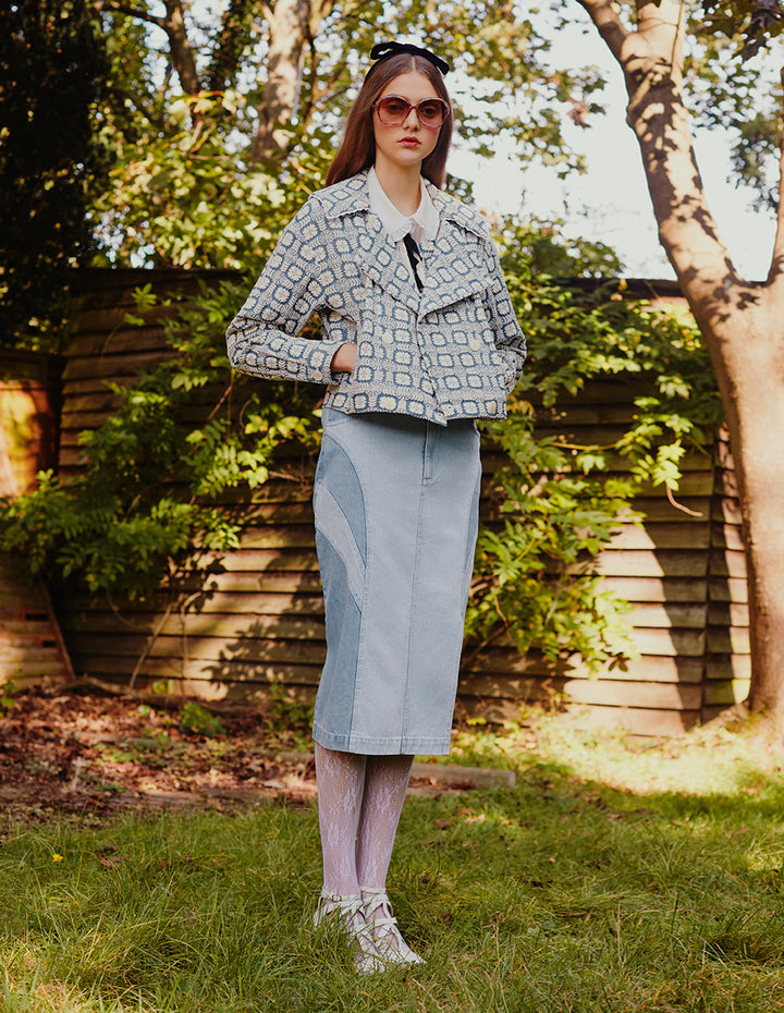 BORA AKSU Lace Lapel Embroidered Denim Jacket