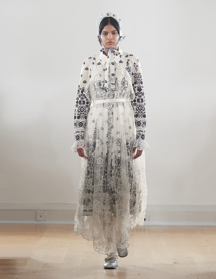 BORA AKSU Shirt-Collar Long Bubble Sleeve Printed Midi Trumpet Dress