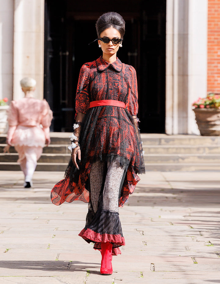 BORA AKSU Peter Pan Collar Bubble 1/2 Sleeve Print Pleated Midi Dress