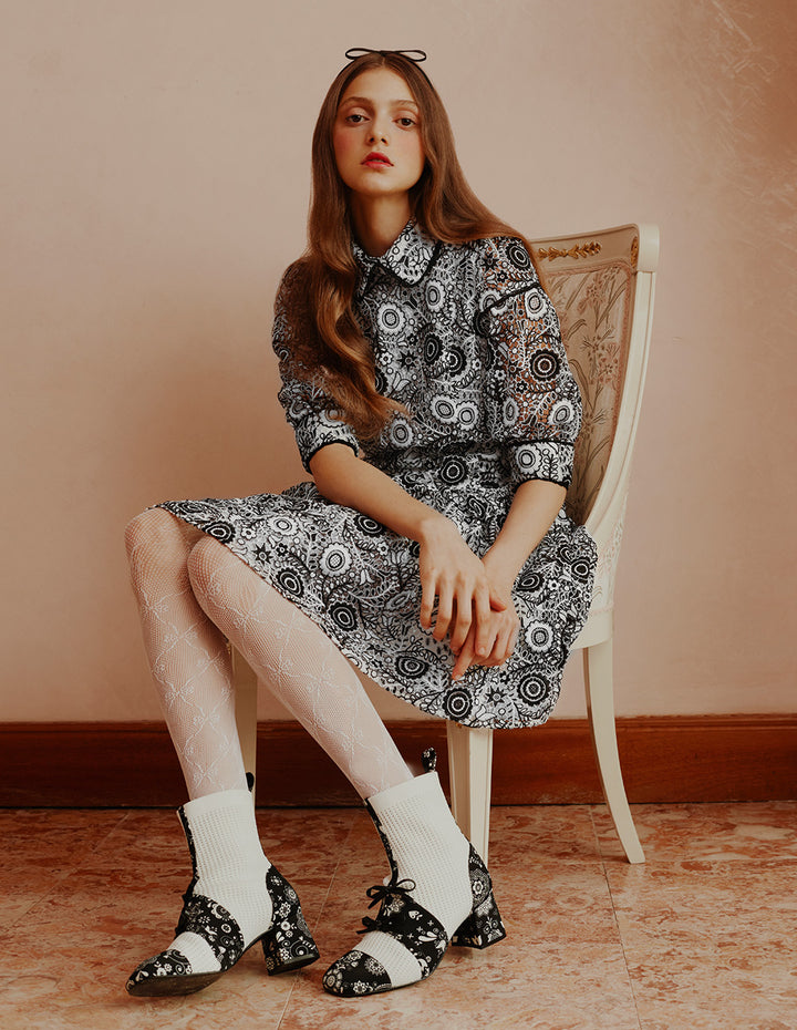 BORA AKSU Retro Puff Sleeve Black And White Lace Dress