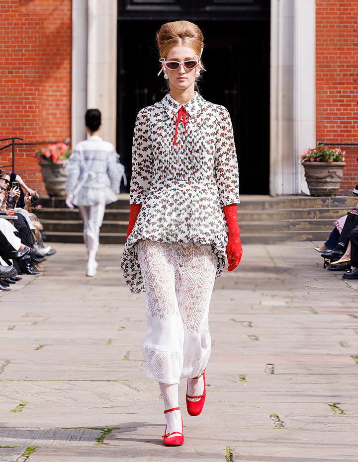 BORA AKSU Lapel Long-Sleeve Pin Tuck Heart Printed Pleated Midi Shirt Dress