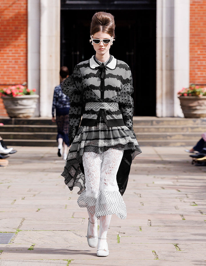 BORA AKSU Peter Pan Collar Puff Sleeve Short-Sleeve Lace Floral Print Pleated Dress