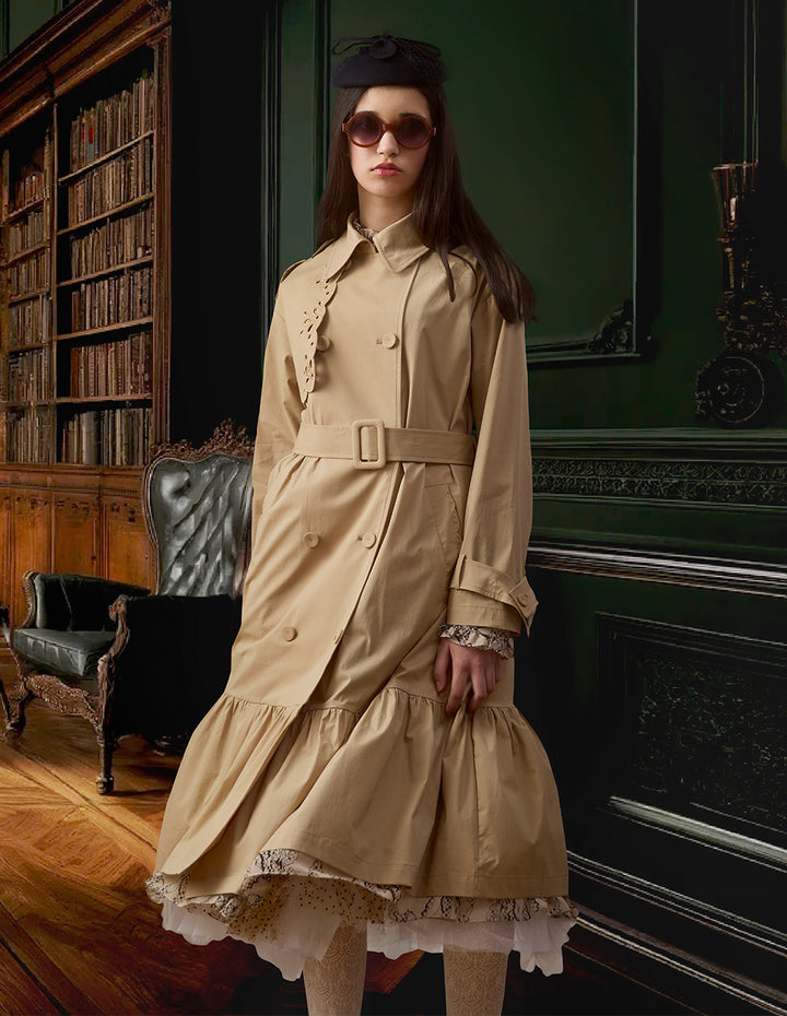 BORA AKSU Asymmetric Cut-Out Embroidered Long Sleeve Double-Breasted Belted Pleated Trench Coat