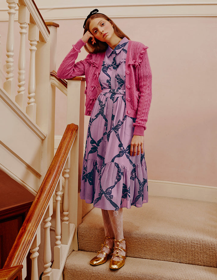 BORA AKSU Retro Puff Sleeve Ruffle Skirt Printed Dress