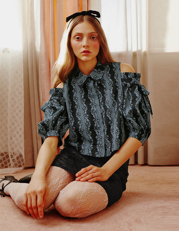 BORA AKSU Lapel Off-Shoulder Printed Shirt Top