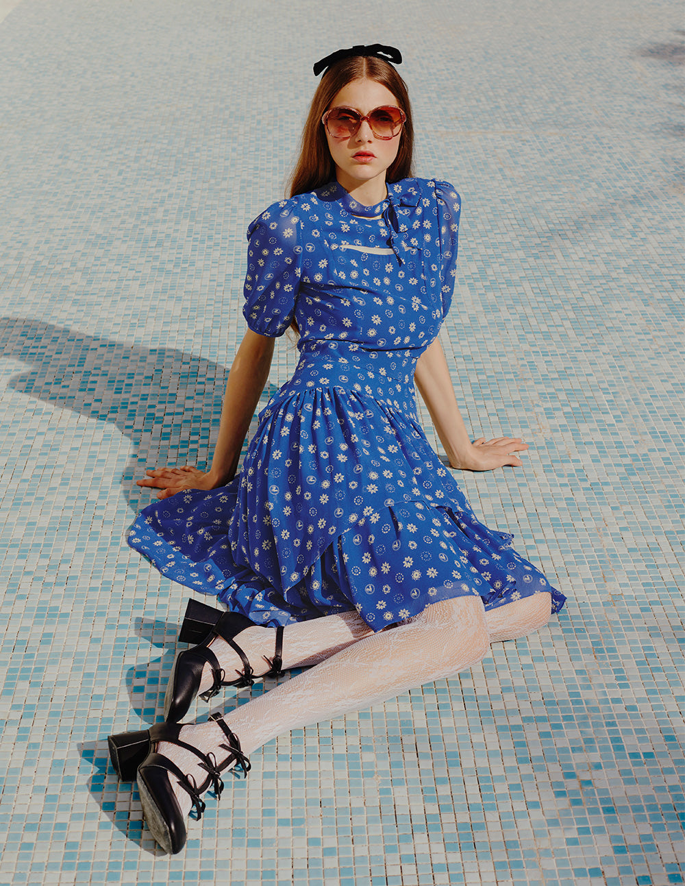 BORA AKSU French Puff Sleeve Collar Pleated Printed Dress