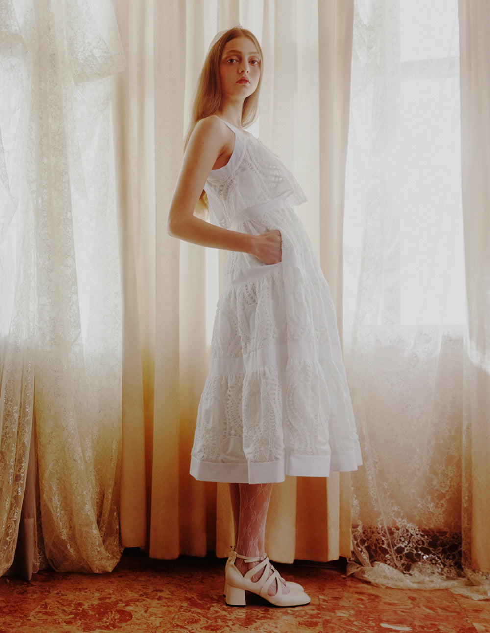 BORA AKSU Neck Bow Lace Patchwork Dress