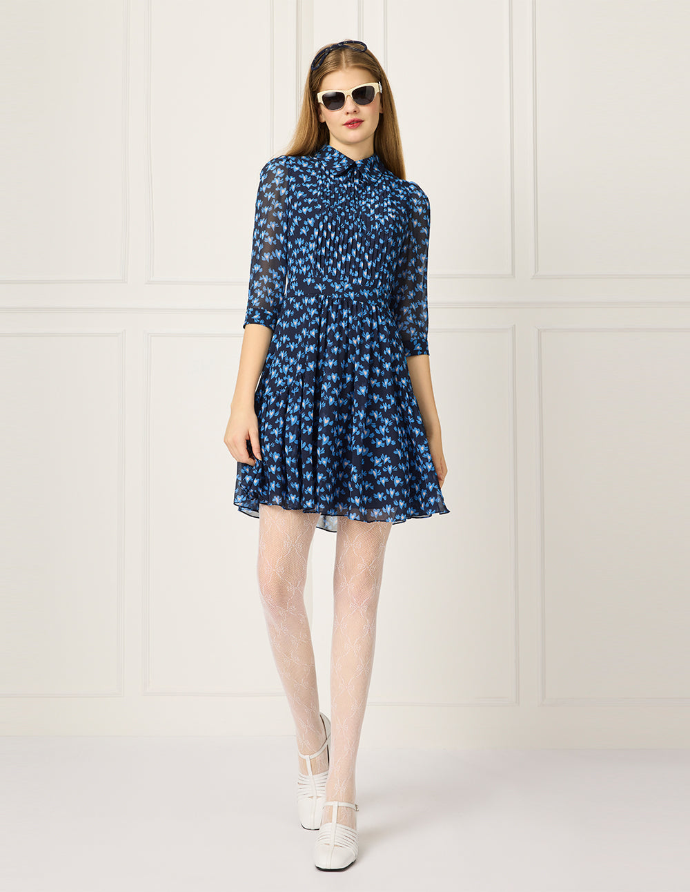 BORA AKSU Lapel Long-Sleeve Pin Tuck Heart Printed Pleated Midi Shirt Dress