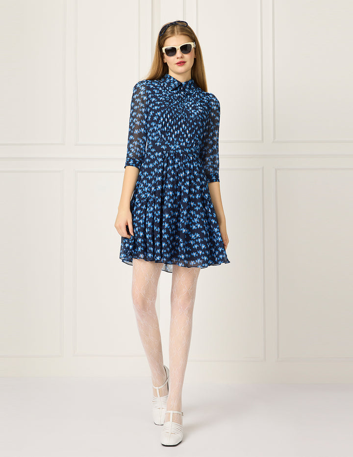 BORA AKSU Lapel Long-Sleeve Pin Tuck Heart Printed Pleated Midi Shirt Dress