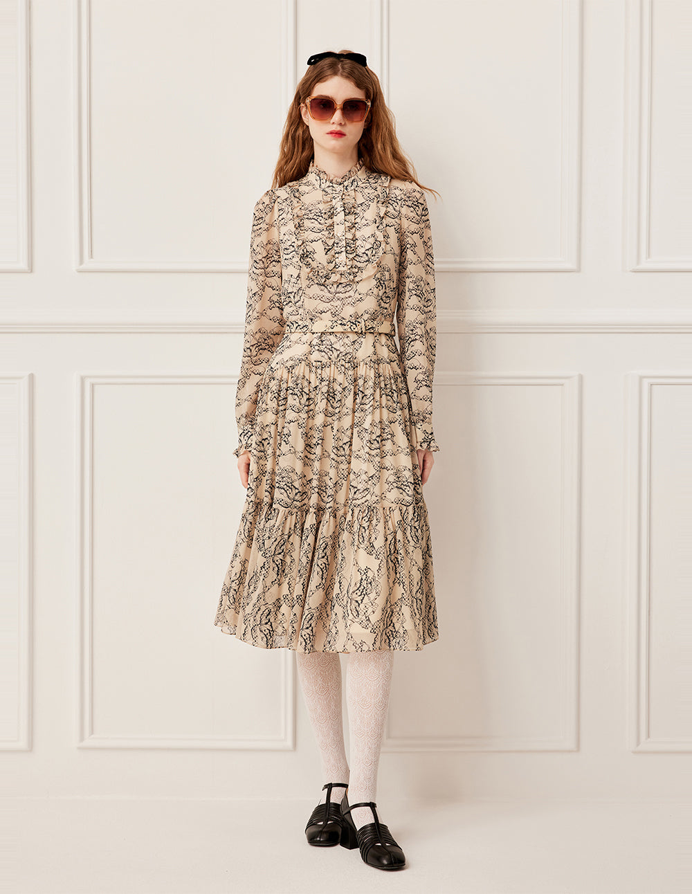 BORA AKSU Stand Collar Ruffled-Trimmed Long Sleeve Ink-Print Belted Pleated Midi Dress
