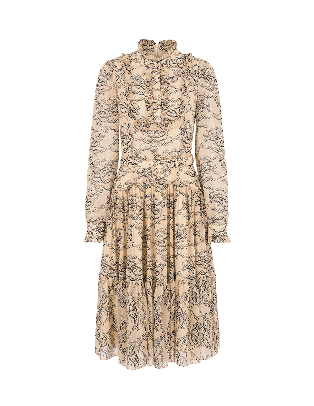 BORA AKSU Stand Collar Ruffled-Trimmed Long Sleeve Ink-Print Belted Pleated Midi Dress