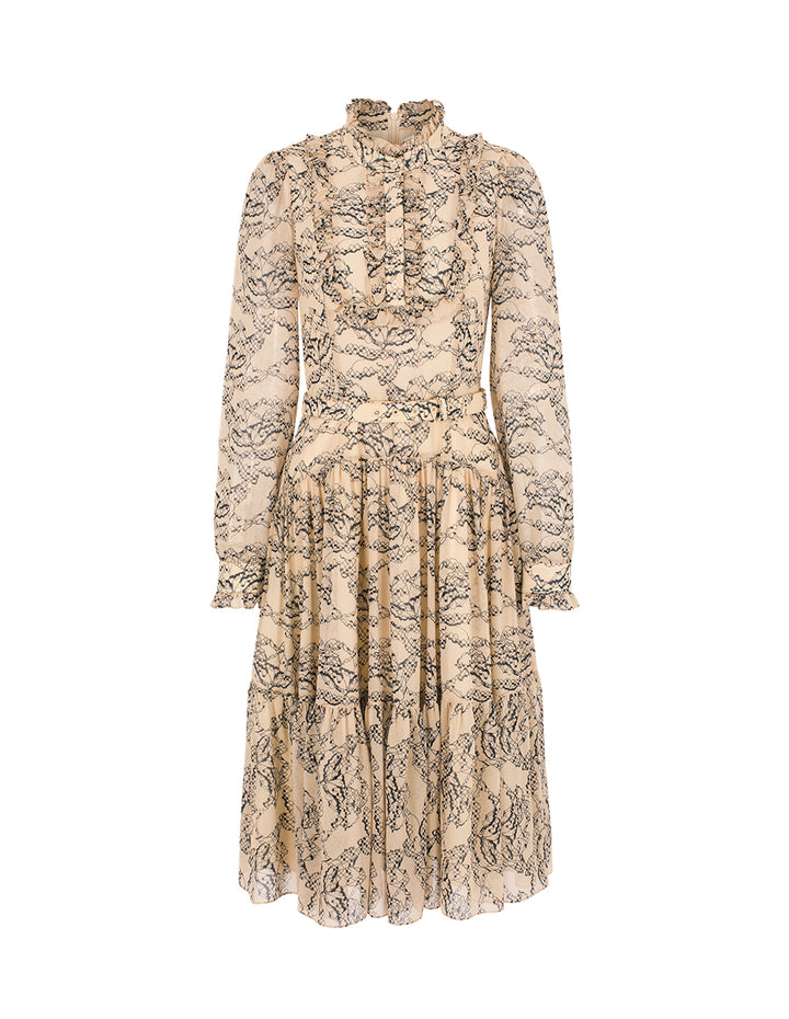 BORA AKSU Stand Collar Ruffled-Trimmed Long Sleeve Ink-Print Belted Pleated Midi Dress