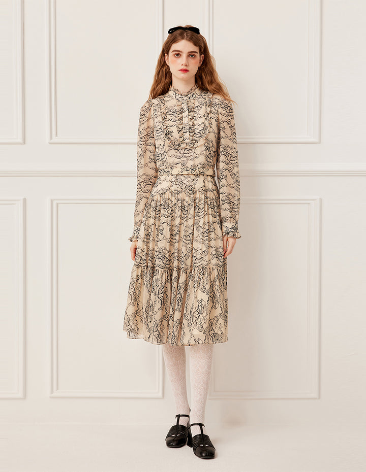 BORA AKSU Stand Collar Ruffled-Trimmed Long Sleeve Ink-Print Belted Pleated Midi Dress