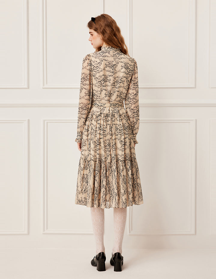 BORA AKSU Stand Collar Ruffled-Trimmed Long Sleeve Ink-Print Belted Pleated Midi Dress