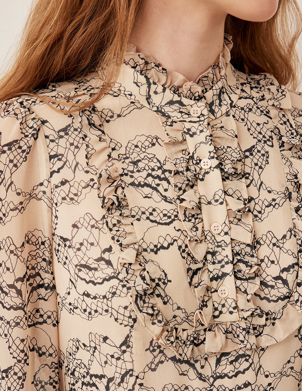 BORA AKSU Stand Collar Ruffled-Trimmed Long Sleeve Ink-Print Belted Pleated Midi Dress