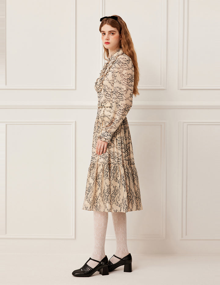 BORA AKSU Stand Collar Ruffled-Trimmed Long Sleeve Ink-Print Belted Pleated Midi Dress