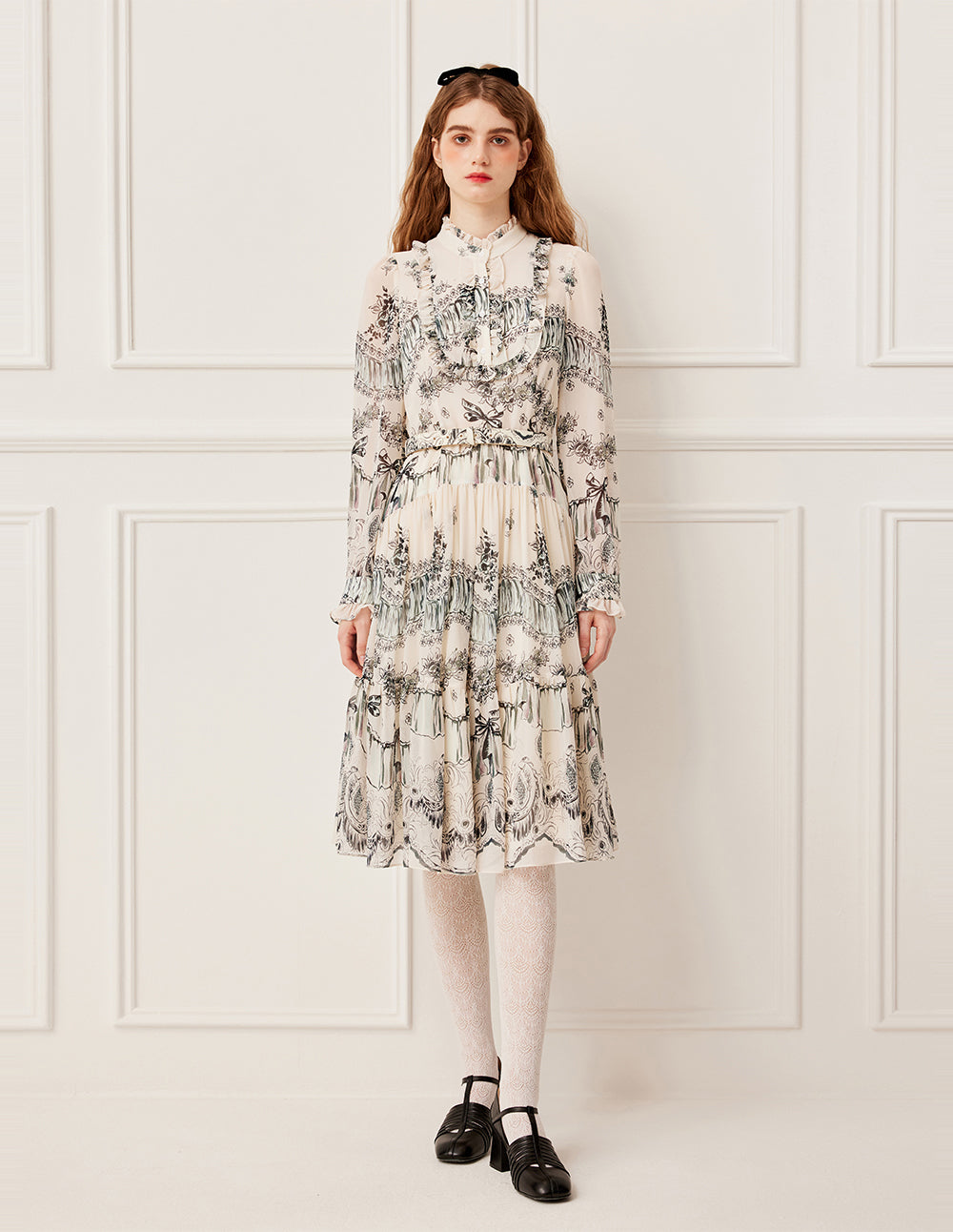 BORA AKSU Stand Collar Ruffled-Trimmed Long Sleeve Ink-Print Belted Pleated Midi Dress