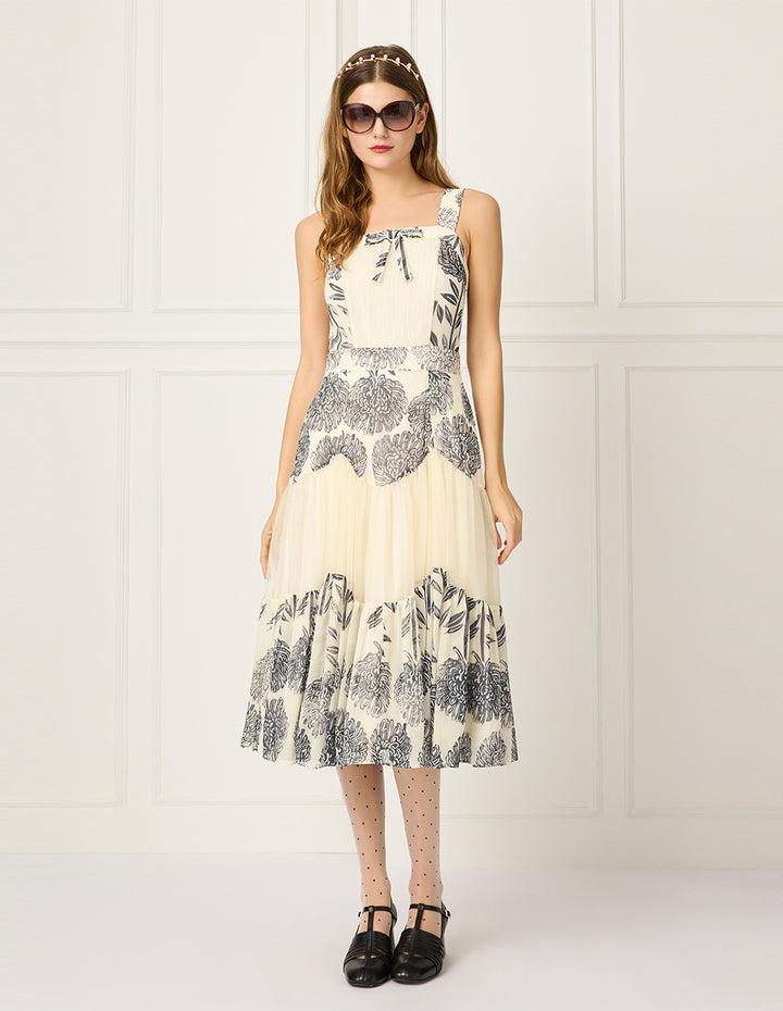 BORA AKSU Square Neck-Sleeveless Pin-Tuck Floral Print Flounce Midi Apron Dress