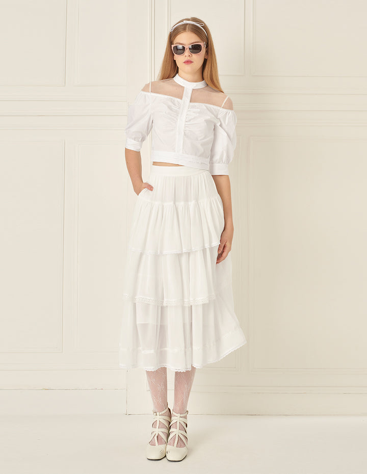 BORA AKSU Puff-Sleeved Mesh Pleated Top