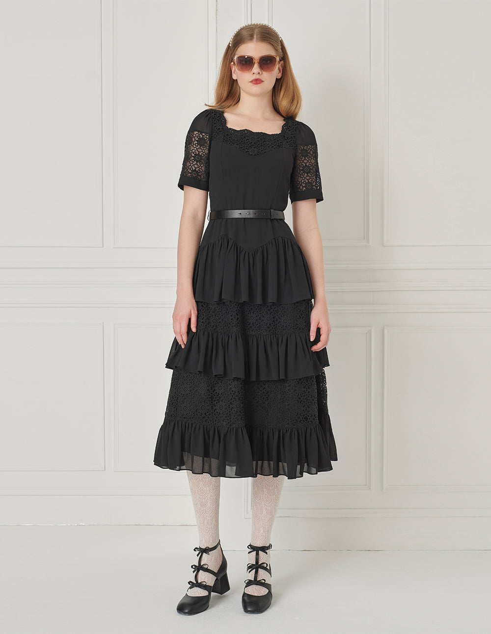 BORA AKSU Palace Style Classic Square Neck Lace Splicing Tiered Skirt Dress