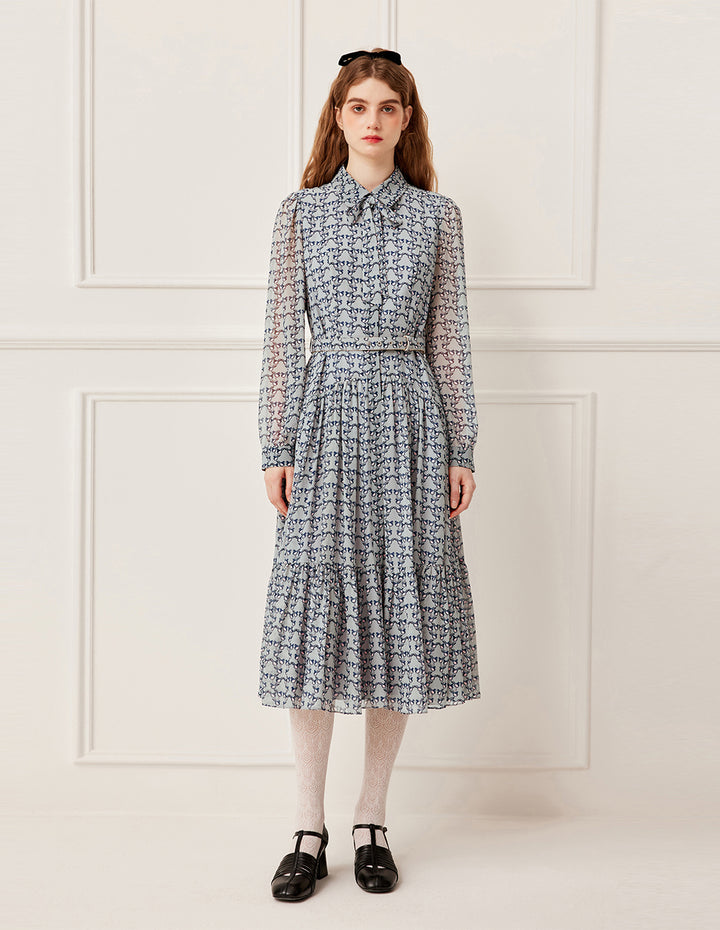 BORA AKSU Bow Ribbon Long Sleeve Hand-Painted Bird Print Pleated Midi Shirt Dress