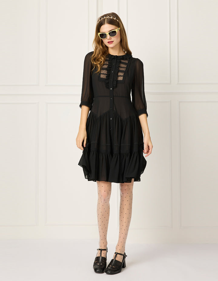 BORA AKSU Ruffled Round-Neck Puff Sleeve Mesh Spliced Pleated Little Black Dress