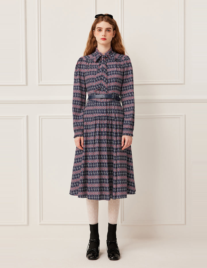 BORA AKSU Stand Collar Long Sleeve Geometric Print Midi Dress