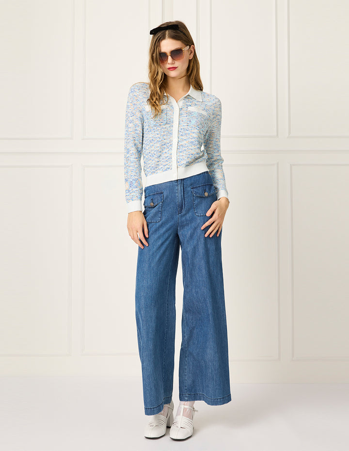 BORA AKSU Peter Pan Collar White Trim Long Sleeve Jacquard Cardigan