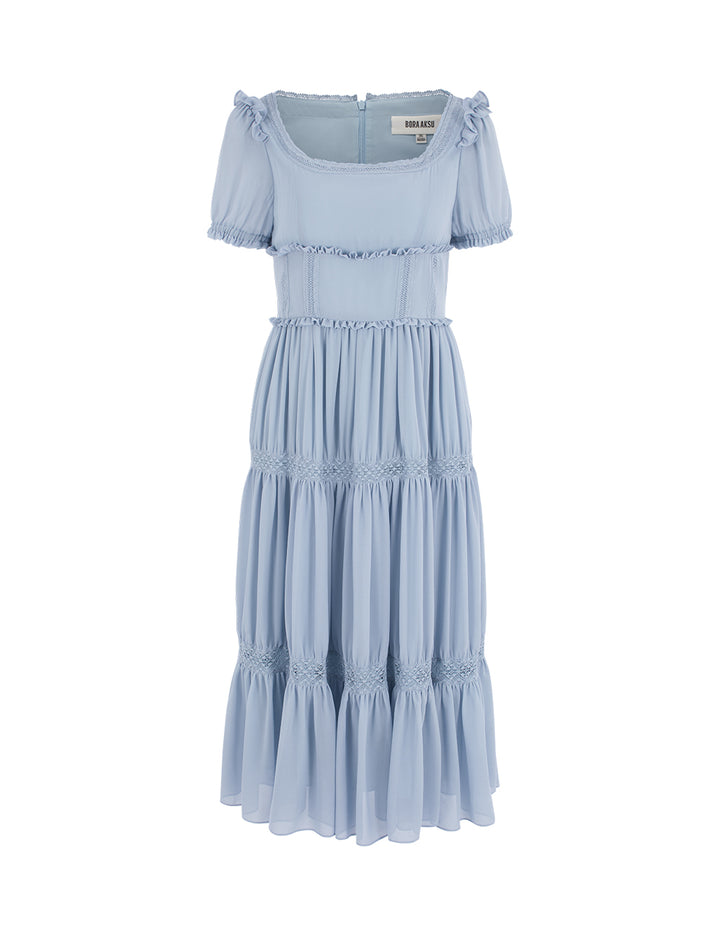 BORA AKSU Round Neck Ruffle Short-Sleeve Lace Pleated Midi Prairie Dress