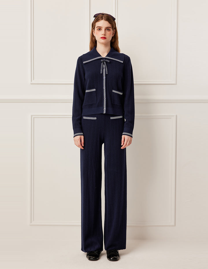 BORA AKSU Navy Blue Bow Tie Long Sleeve Wool Knit Cardigan