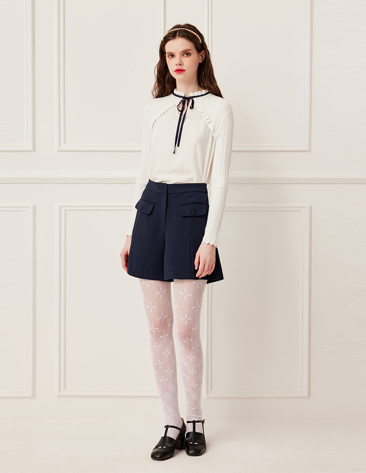 BORA AKSU Knitted Ruffled Round Neck Long Sleeve Patchwork Silk Blouse