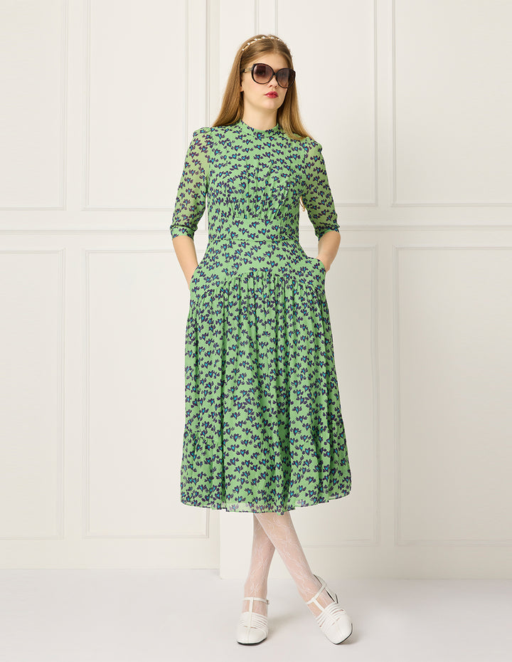 BORA AKSU Stand Collar Puff Short-Sleeve Heart Print Empire-Waist Pleated Midi Dress