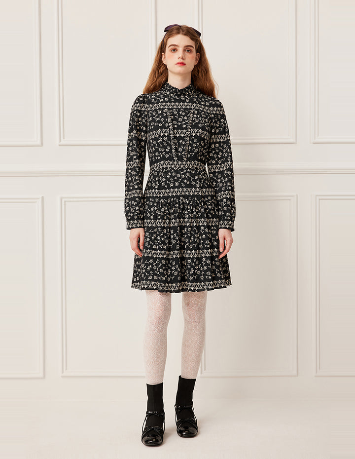 BORA AKSU Mandarin Collar Floral Print Long Sleeve A-Line Midi Dress