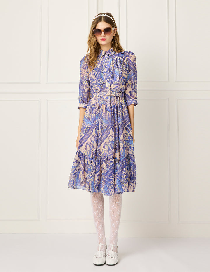 BORA AKSU Tuxedo-Shirt Collar Puff Sleeve Paisley Print Pleated Midi Shirt Dress