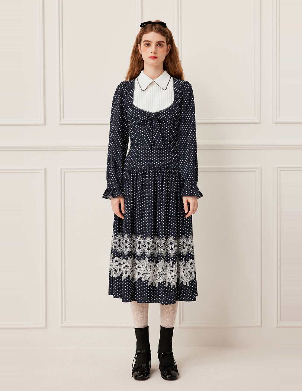 BORA AKSU Peter Pan Collar Pin-Tuck Puff Sleeve Lace Trim White Polka Dot Dress