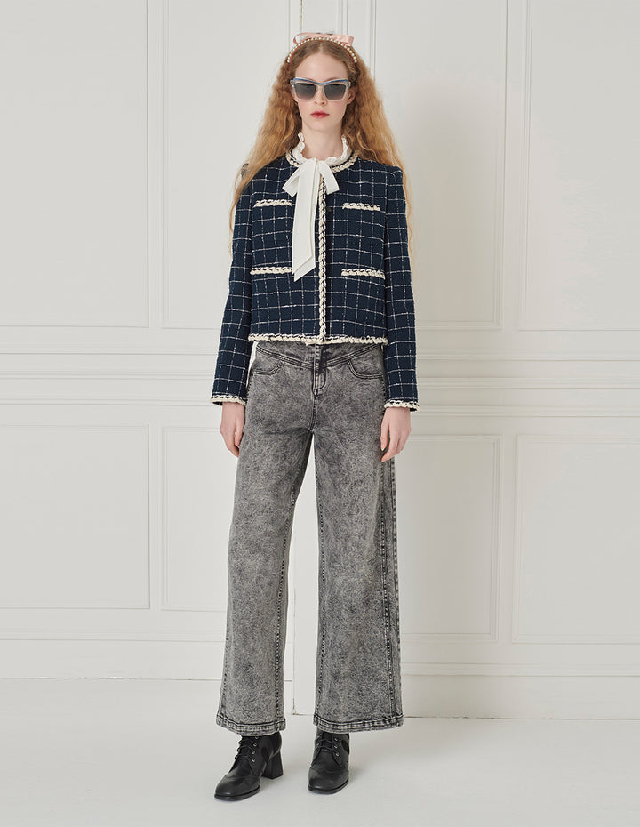 BORA AKSU Crew-Neck Long-Sleeve Stripe-Checkbox Trim Cropped Jacket
