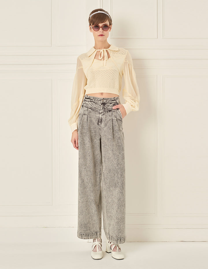 BORA AKSU Bow-Tie Collared Cutout Puff-Sleeve Knitted Sweater