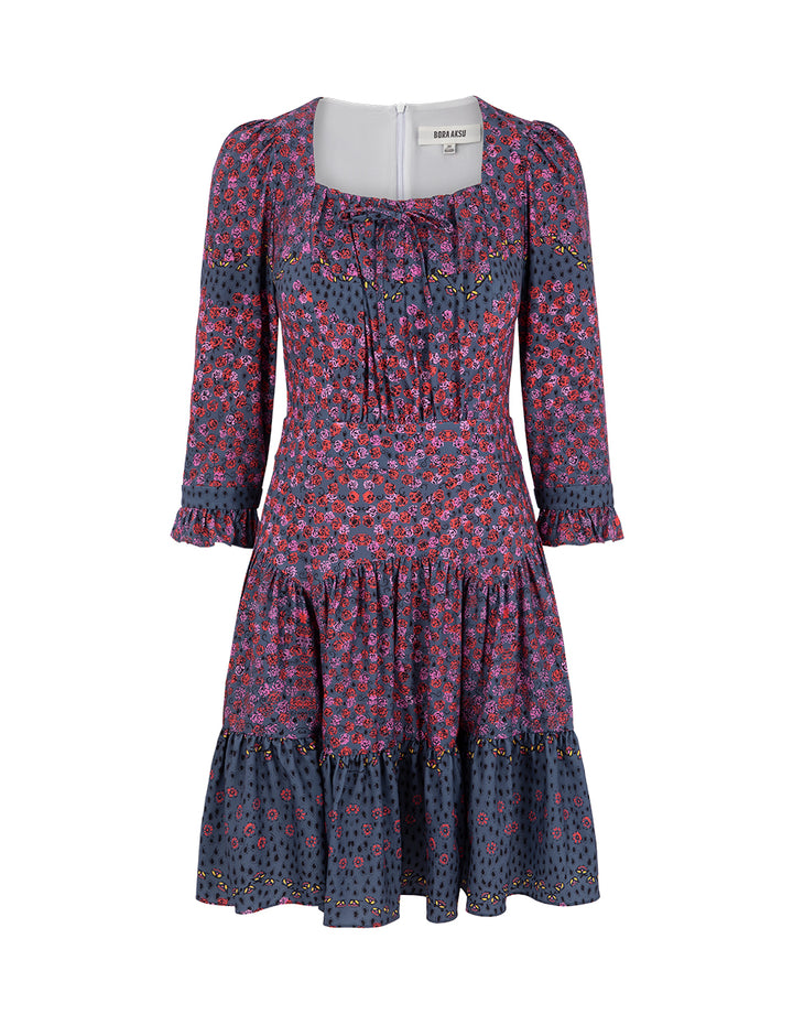 BORA AKSU Square Neck Puff Sleeve Pleated Ruffle Print Dress
