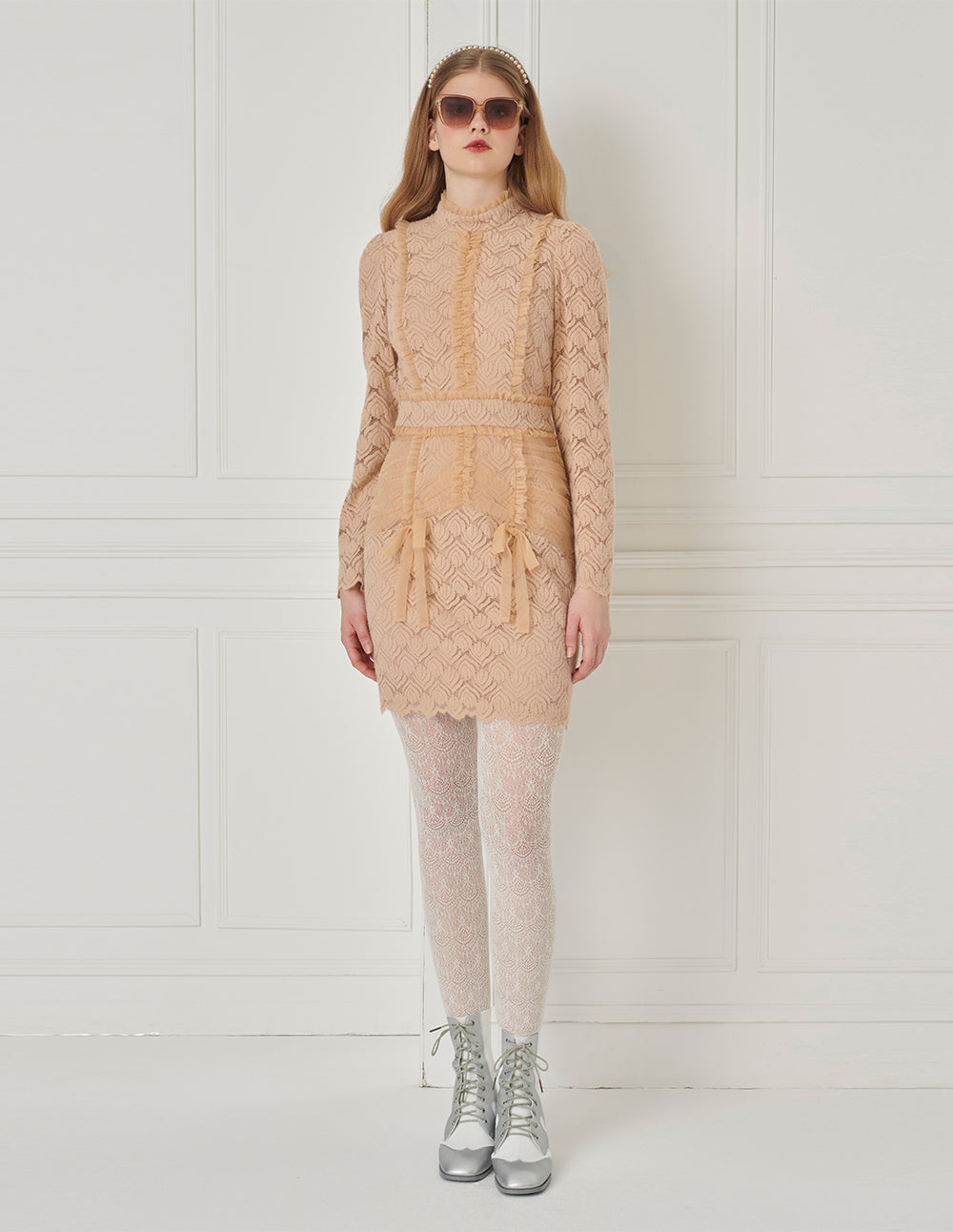 BORA AKSU Ruffle Long-Sleeve Velvet Lace Stitching Smocked Mesh Midi Dress