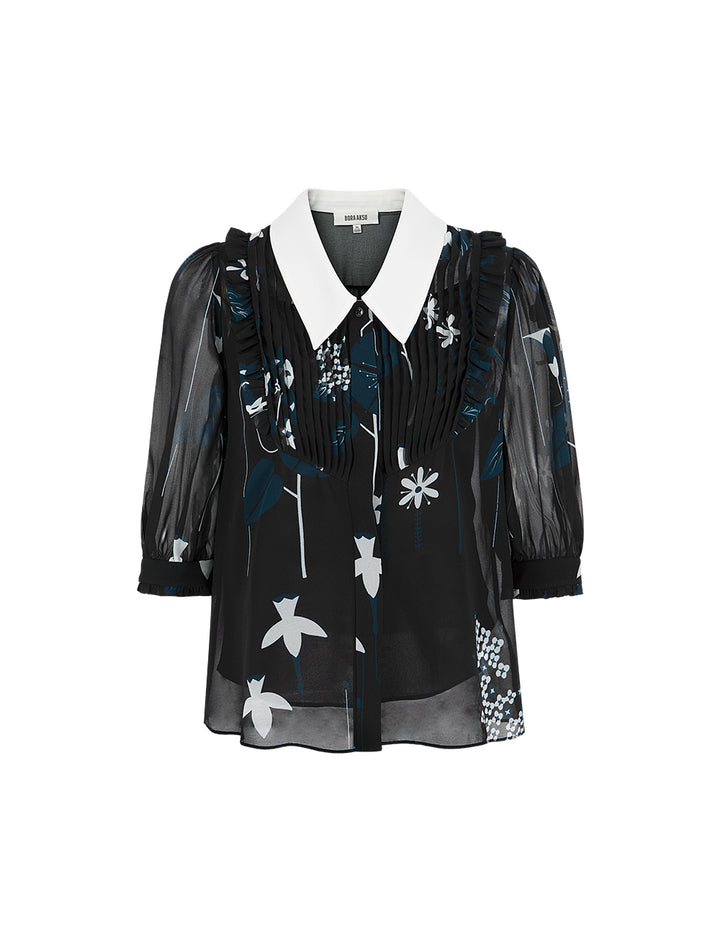 BORA AKSU Puff Sleeves, Lapel Ruffles Blouse